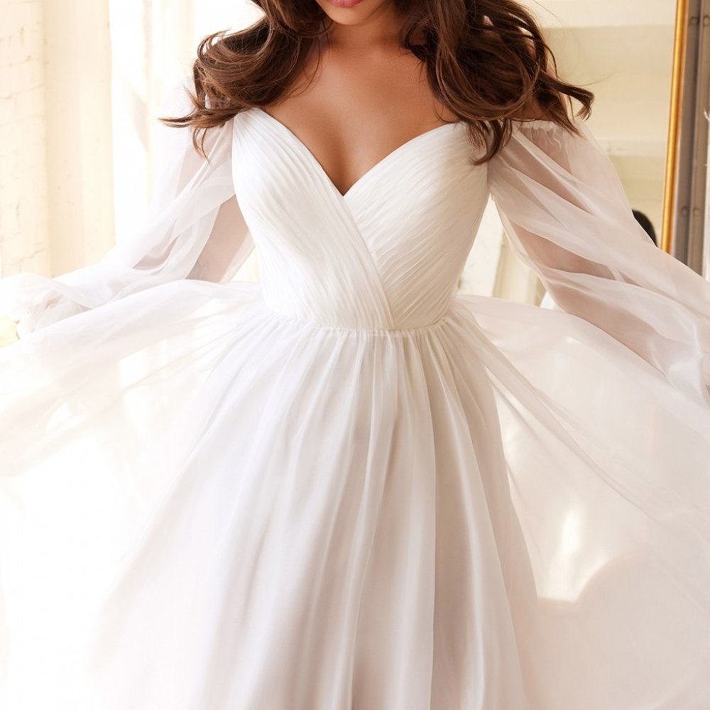 NEW LONG OFF THE SHOULDER SWEETHEART SHEER SLEEVE CHIFFON DRESS WITH ZIP CD243W